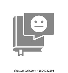Buchen Sie mit neutralem Gesicht in Chat-Blase graues Symbol. Unemotionale Überprüfung, negatives Feedback-Symbol