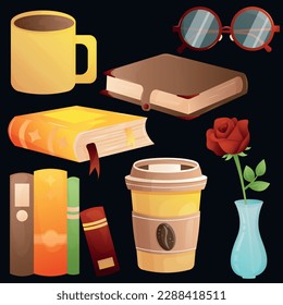 Book new cartoon set for World Book Day with two books, womens red glasses, different colored book line, yellow cup of coffee, red rose in a vase, cup of cocoa, brown retro ols book, yellow new diary