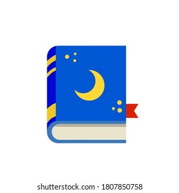 Book of night tales. Children story. The wizard magic volume and spells. Blue cover with the moon. Flat cartoon illustration isolated on white background