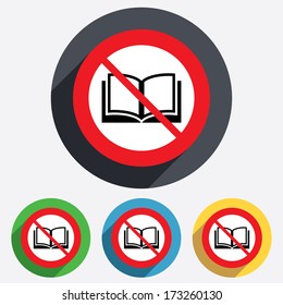 Book not allowed sign icon. Open book symbol. Red circle prohibition sign. Stop flat symbol. Vector