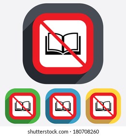 Book not allowed sign icon. Open book symbol. Red square prohibition sign. Stop flat symbol. Vector