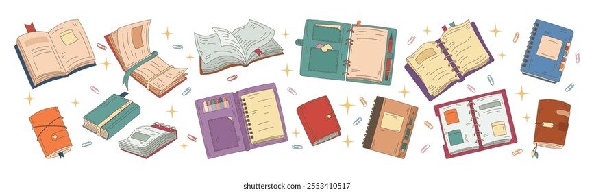 Book note. Notepad, business paper, magazine, letter, album or diary. Notebook, organizer or textbook drawn by hand. Stationery for office or school. Vector tidy cartoon flat isolated illustration