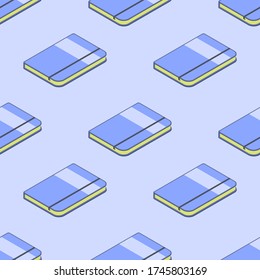 Book or Notebook 3D isometric seamless pattern, Education stationery concept poster and banner vertical design illustration isolated on blue background with copy space, vector eps 10