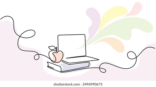 Book with notebook and apple over. Corner frame. Back to school education concept. Hand drawn graphic vector illustration