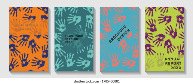 Book notebook cover with colorful hands. Rainbow background.