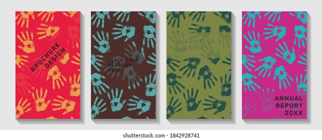 Book notebook cover with colorful hands. Human hand color silhouette. 