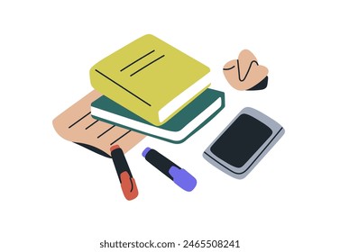 Book, notebook, crumpled paper and mobile phone for education and study. Notebook, diary, smartphone for learning. Textbooks, notes composition. Flat vector illustration isolated on white background