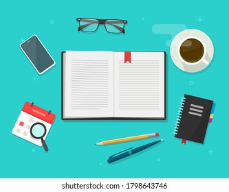 Book or notebook diary open on learning desk table top vector, textbook text pages, reading notepad paper with bookmark, writing via pen and pencil on workplace flat cartoon illustration