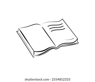 Book, notebook, notepad. Icon illustration of the process of education, science, learning, business, text writing.  Graphic black line on white background.