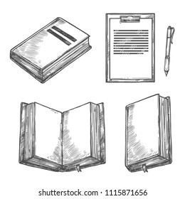 Book, Notebook, Pen And Clipboard Sketch Set. Open Book With Empty Page, Ballpoint Pen And Paper Clipboard With Pen Holder. Office Stationery And Writing Tool For Education And Business Design