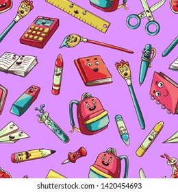 Book, notebook, pencil, pen, eraser, backpack, flask for chemical experiments, test tube, colored crayons, paint brushes, pin, paper plane, ruler, scissors. Funny smiling characters. Back to school
