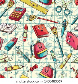 Book, notebook, pencil, pen, eraser, backpack, flask for chemical experiments, test tube, colored crayons, paint brushes, pin, paper plane, ruler, scissors. Funny smiling characters. Back to school