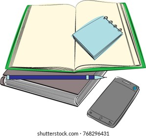 book, notebook, phone in sketch style, vector illustration