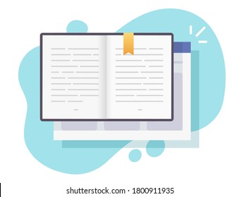 Book or notepad digital vector open online pages with text icon on website internet browser, electronic web notebook or textbook paper with bookmark flat cartoon illustration, education idea