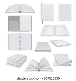 Book notepad mockup set. Realistic illustration of 10 book notepad mockups for web