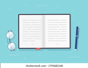 Book or notepad vector open pages with text, notebook or textbook paper with bookmark and pen flat cartoon illustration on working desk table top view