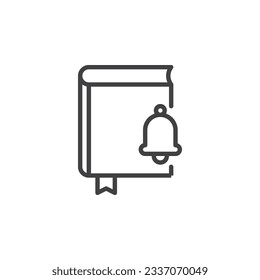 Icono de línea de notificación de libro. signo de estilo lineal para concepto móvil y diseño web. Icono del vector de contorno de timbre del recordatorio de libro. Símbolo, ilustración del logotipo. Gráficos vectoriales