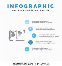 Book, Novel, Story, Writing, Theory Line icon with 5 steps presentation infographics Background