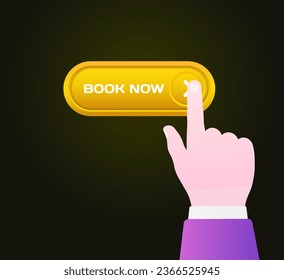 Book now button. Flat, color, hand on the button, book now. Vector icon