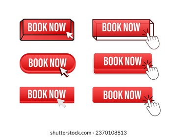 Book Now Button with pointer clicking. Book Now web buttons set. User interface element in flat style. Vector stock illustration