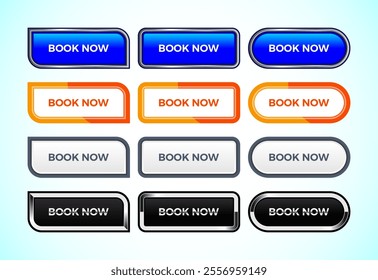 Book now button set of different shapes and colors. Suitable for mobile app, and website UI design.