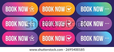 Book Now Button Vector – Modern Booking Label Badge. Vector Illustration for Travel and Reservation Marketing