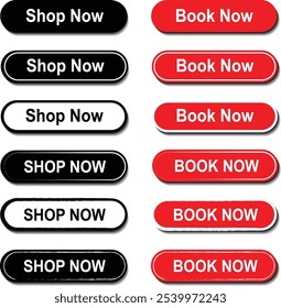 Book now buttons. Call for action buttons. Shop now button for online shopping. Modern colorful buttons for website design. Vector illustration.
