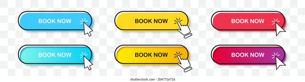 Book Now buttons collection with cursor pointer in two styles. Flat design and gradient with shadow. Set of digital web button on a transparent background