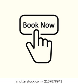 book now with hand. concept of easy reservation by smartphone or mobile phone and pre-order motel. flat simple linear trend modern logotype graphic art design.