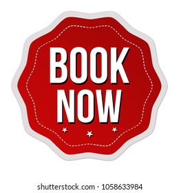 Book now label or sticker on white background, vector illustration