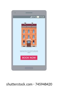 Book now mobile application representing a picture of building with additional information below and button on vector illustration