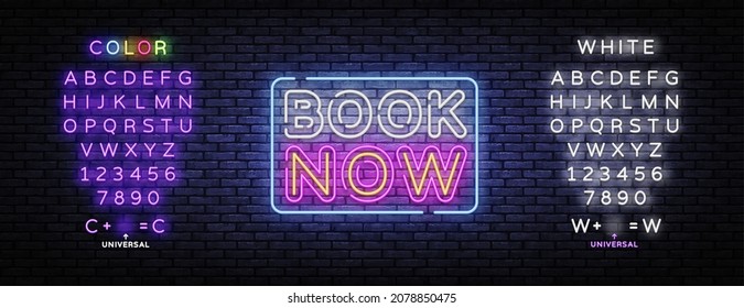 Book now neon for concept design. Blue book now neon sign. Vector background. Editing text neon sign