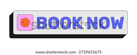 Book now rectangular UI web button. Booking appointment. Instant reservation travel. Schedule now. Reserve spot. Colorful clickable element. Call to action for social media, streaming. Rubik font used