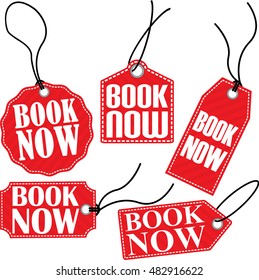Book now red tag set, vector illustration
