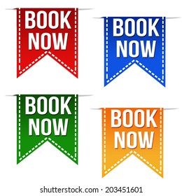 Book now ribbons set on white, vector illustration