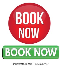 Book now round and square website glossy button on white background, vector illustration