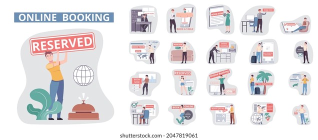 Book now set of flat isolated compositions with characters of agents and tourists holding text placards vector illustration