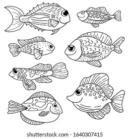 Сoloring book. Ocean cartoon fish set. Vector coral reef fish.