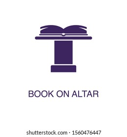 Book on altar element in flat simple style on white background. Book on altar icon, with text name concept template