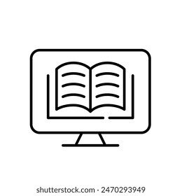 Book on computer monitor. E-library access, virtual learning and reading. Pixel perfect, editable stroke vector icon