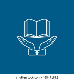 Book On Hand Line Icon On Blue Background