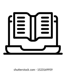 Book on laptop screen icon. Outline book on laptop screen vector icon for web design isolated on white background