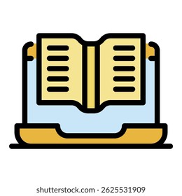 Book on laptop screen icon. Outline book on laptop screen vector icon color flat isolated
