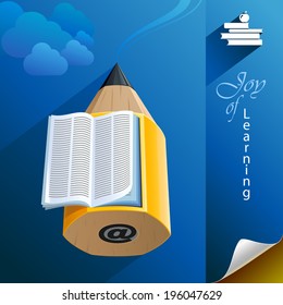 A book on a large pencil depicting education through e-learning.