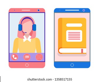 Book on mobile phone and smart lady in smartphone vector. Lady explaining material to student, online education and teachers assistance and quick help