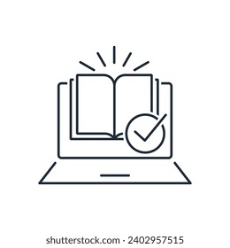 Book on the monitor. Online educational resource. Vector linear icon illustration isolated on white background.