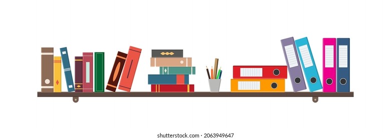 Book On Shelf. Bookshelf With Binder, Folder And Book. Library In Office, School And Bookstore. Shelves With Binders And Books On Wall. Home Cabinet For Study. Icon For Science, University. Vector.