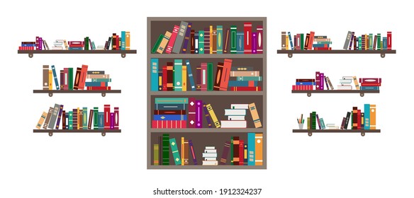 Book on shelf. Bookshelf with books in library. Bookcase with literature in school for education. Bookstore or office with bookshelves. University library. Cabinet of academy for reading. Vector.
