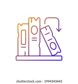 Book on shelf gradient linear vector icon. Search for information. Solving puzzles, clues for riddles. Arrange books. Thin line color symbols. Modern style pictogram. Vector isolated outline drawing