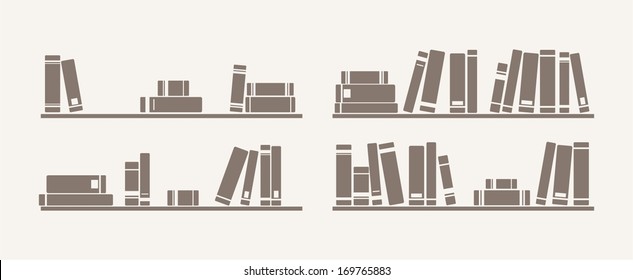 Book on shelf icon vector set. Bookshelf school objects for decorations, background, textures or interior wallpaper. Sign, symbol, banner or flat design element